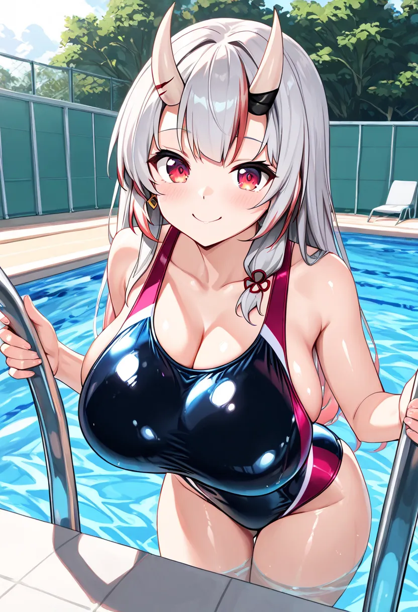 (Highest quality , 8k , masterpiece , incredibly absurdres , perfect body , super detailed skin , highly detailed eyes and face , 1 woman ) ,  nakiri ayame , Silver Hair , red eyes , demon horn , smile ,  will be happy , ( competitive swimsuit ,  shiny swi...