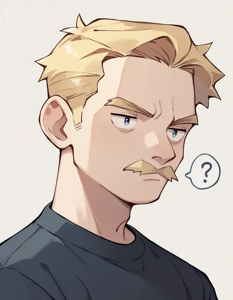 age man, blonde hair, small blonde mustache, navy shirt, closeup, confused face, portrait, looking off to the side, hair high up