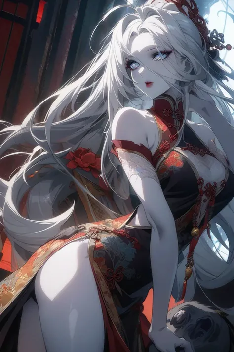 White skin, white long hair，beauty， zombie , mature, tarting，Sexy，wearing Chinese costume , 2D Anime