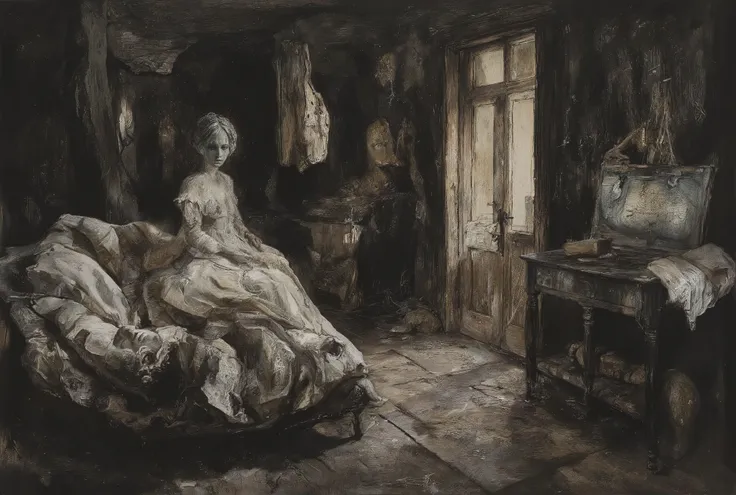 A striking illustration of a victorian era porcelain doll in dark basement. The basement looks empty, dusty and long forgotten. Picture emanates with eerie and grim atmosphere.
