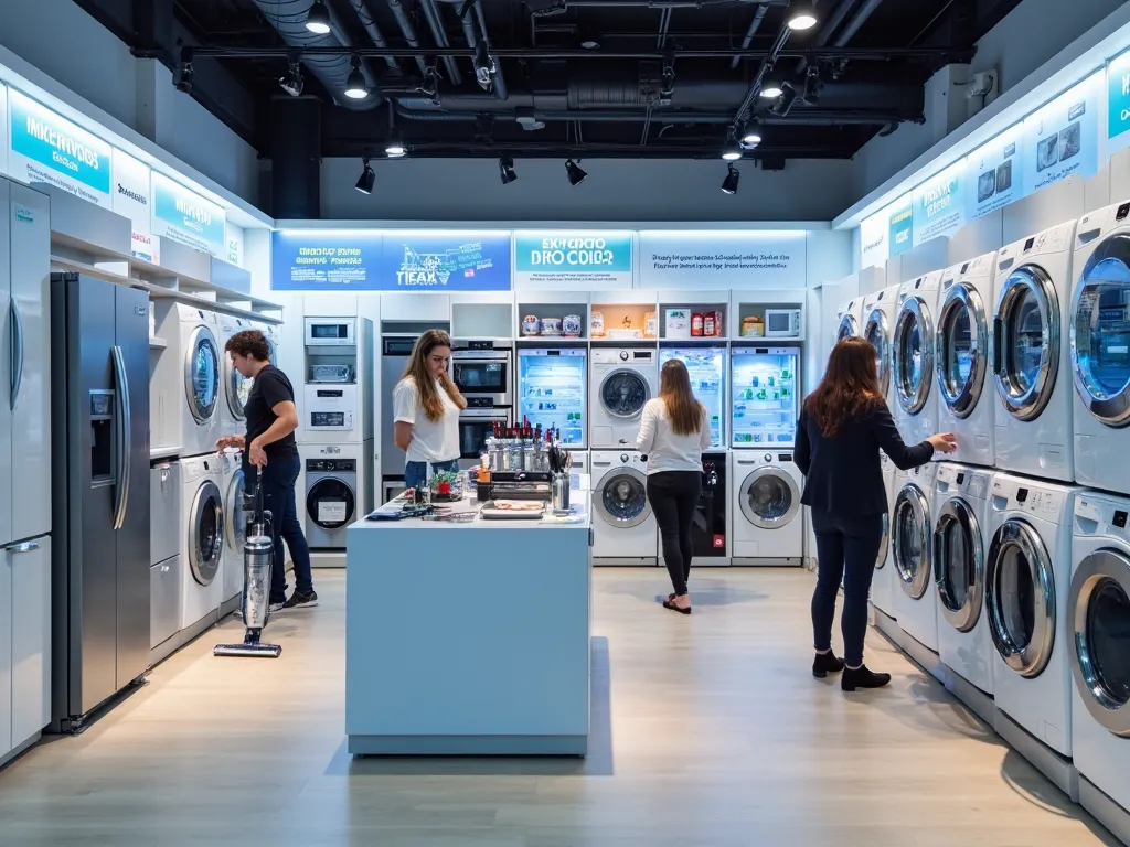 A stylish, bright store displays a variety of modern home appliances, such as refrigerators, washing machines, electric ovens, and smart vacuum cleaners. The shelves are neatly organized, and each device has a label explaining its specifications and price....