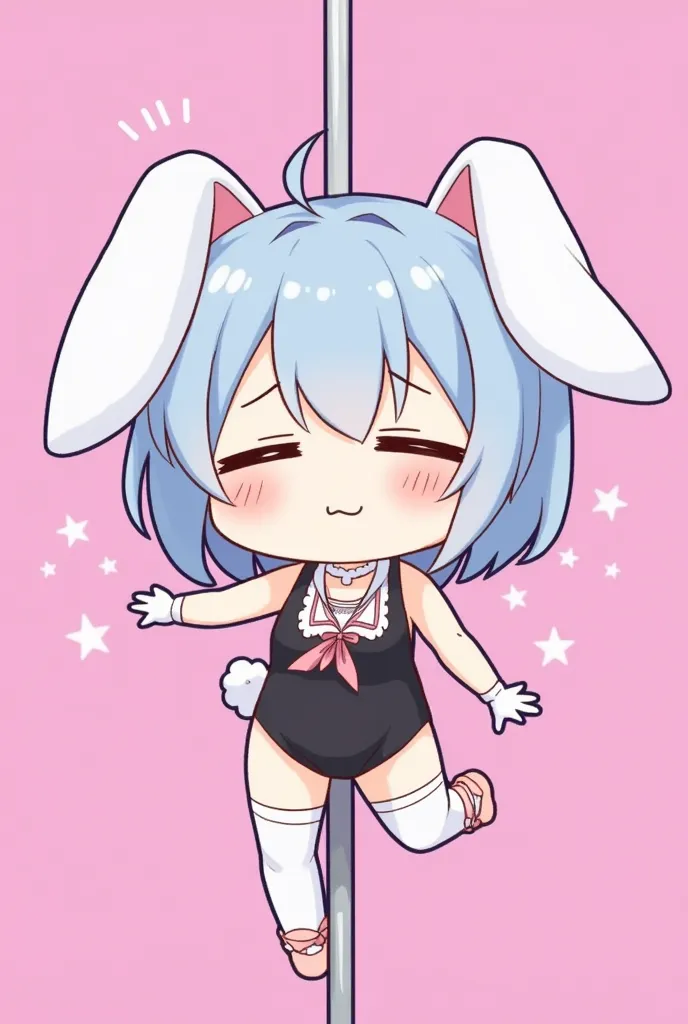 This character has a stylized and cuddly design, with a look that recalls a dancer or performer. Some striking features of her are:

Short, bluish hair with two marias- Side details.

white bunny ears, suggesting a bunny theme.

Dancer Clothes/ballerina, i...