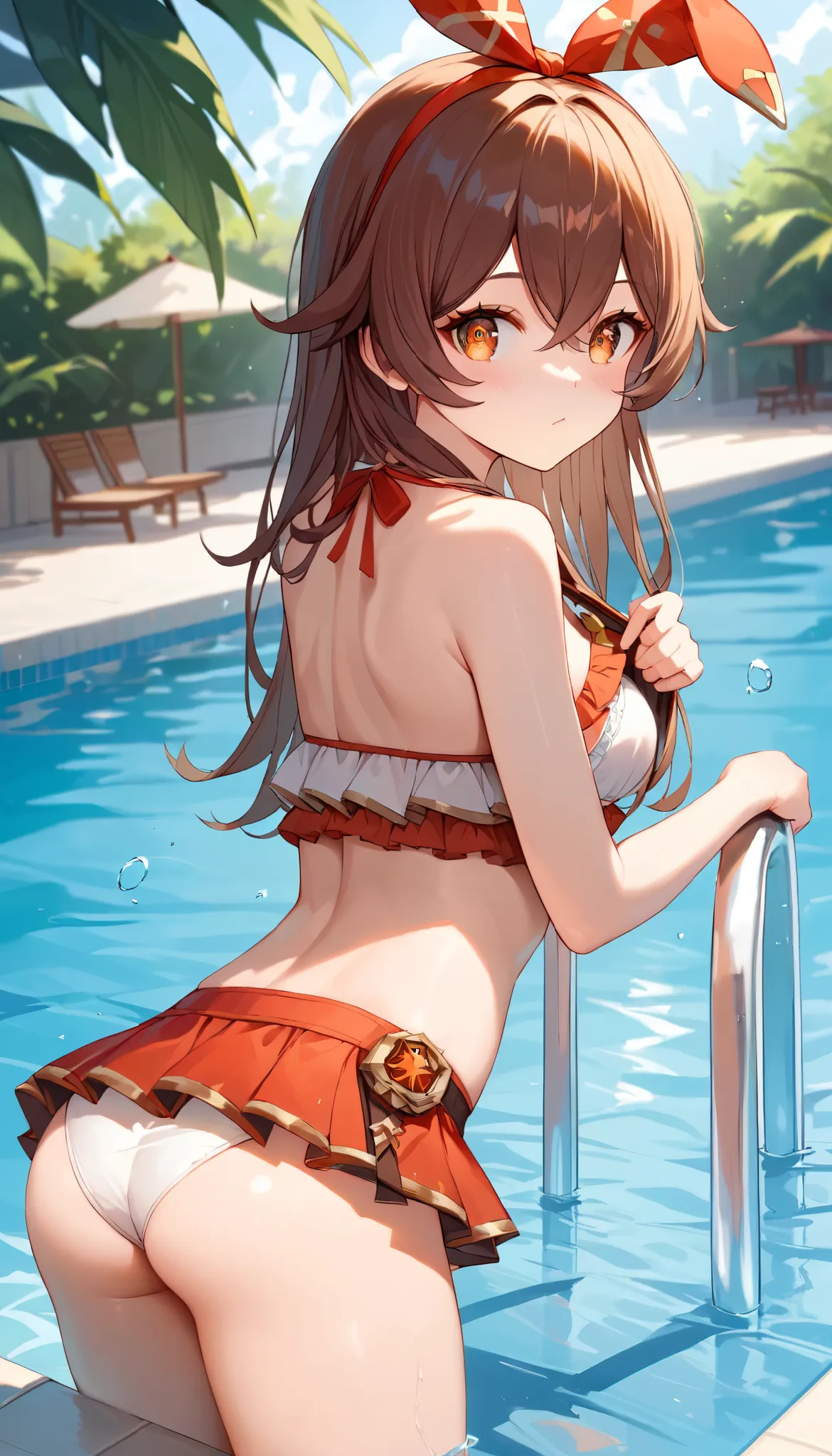 score_9, score_8_up, score_7_up,source_anime, high res image,masterpiece,best quality,girl,cute face,clear skin,amber_genshin, cowboy shot, blush, looking back at viewer, frilly bikini with microskirt, pool