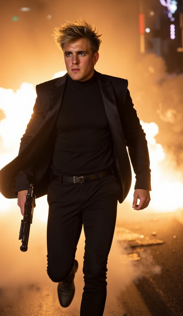 "JAKE PAUL, in a tight black suit , secret agent style, running at full speed in a high-tech city while an explosion illuminates the background.  His gaze is intense and focused , with locks of hair moving in the wind. Holds a tactical gun in one hand, whi...