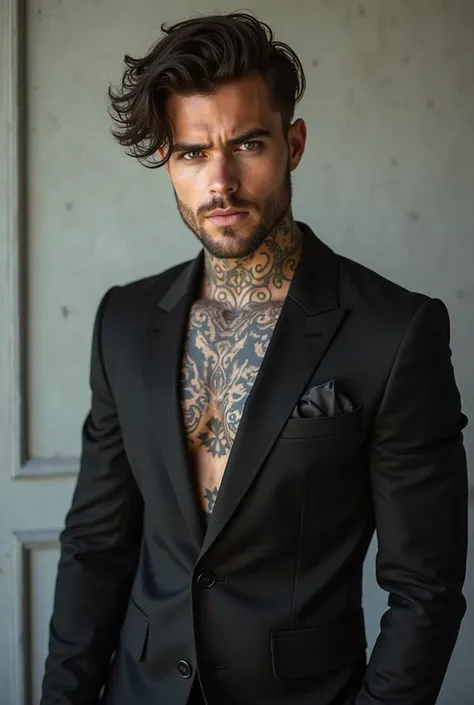 A blond boy of about 25 years old, With tattoos and brunette, suit dress, sexy 