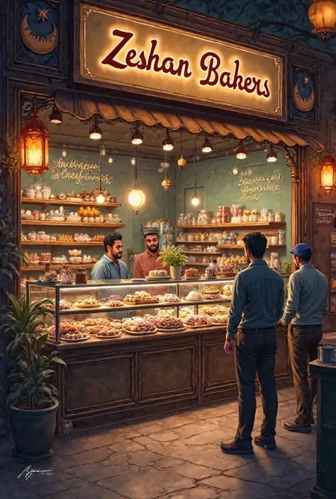 "A realistic scene inside a bakery shop named 'Zeshan Bakers', where people are buying sweets, cakes, and traditional treats. The shop has shelves full of colorful sweets and baked goods. There is a festive and warm atmosphere, with Ramadan decorations suc...