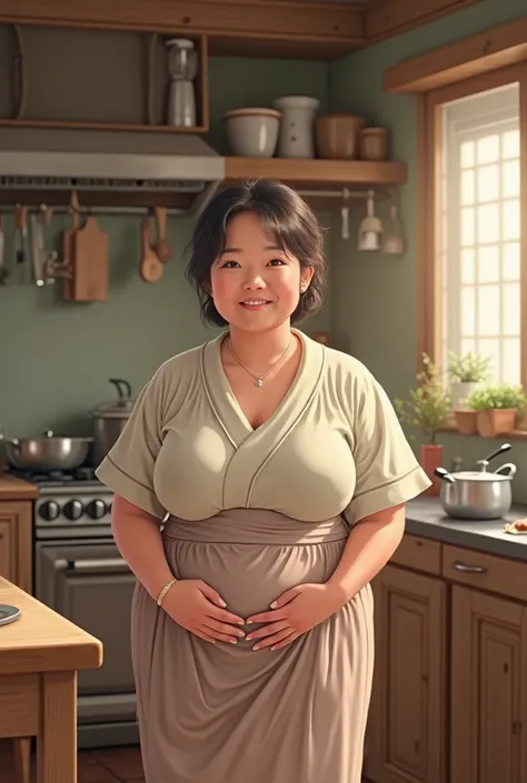 Japanese hardworking mom standing in the kitchen smiling with big elastic hips and hanging tits