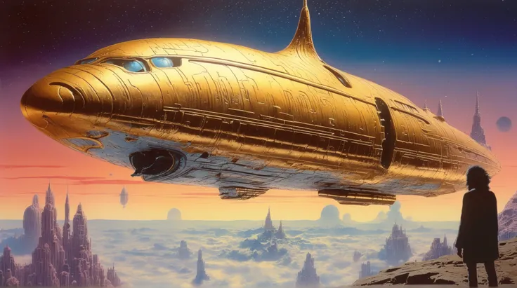 Mobis (Jean Giraud) Style - A picture by Jean Giraud Mobis, The picture shows a  Spaceship in deep sky, Science fiction illustrations, Retro-future. Sci-fi illustrations , Impressive retro-future Spaceship, galaxy, Distant nebulas. Shot with Panavision Pan...