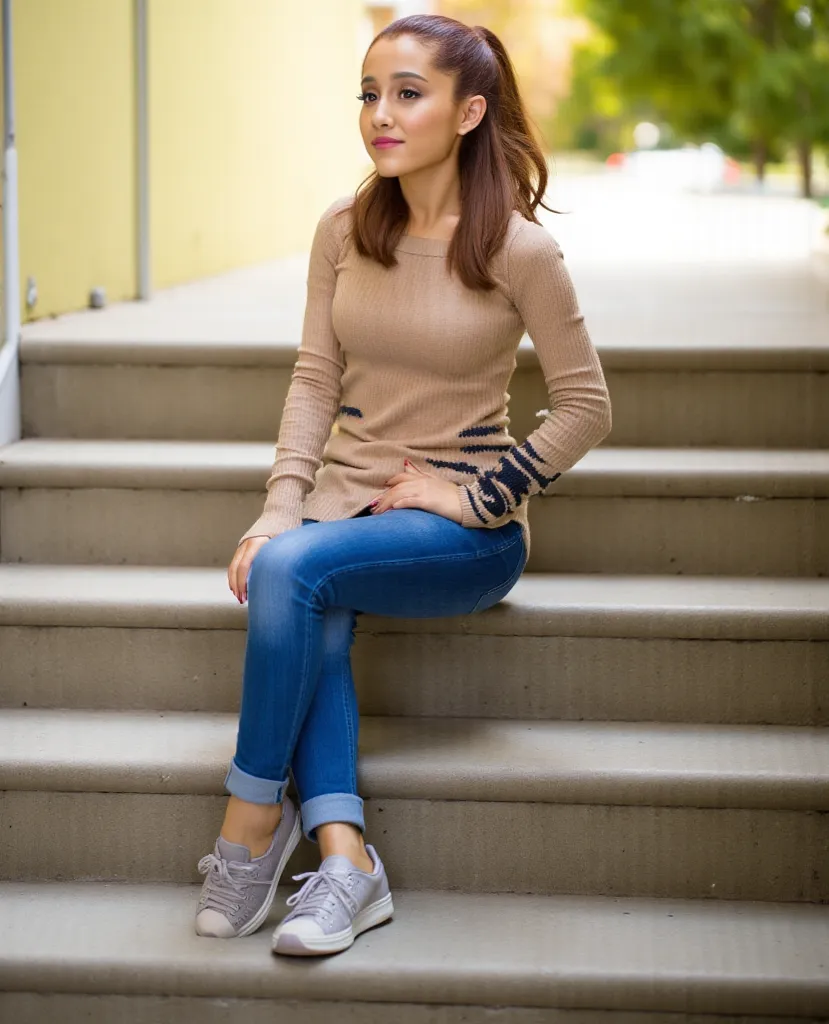 woman sitting on a staircase. Does a thin sweater on. Eine Jeans und Turnschuhe Stil Fotorealistisch,  sharp focus, very detailed, sunlight, Detail , Fotoreal,  full body