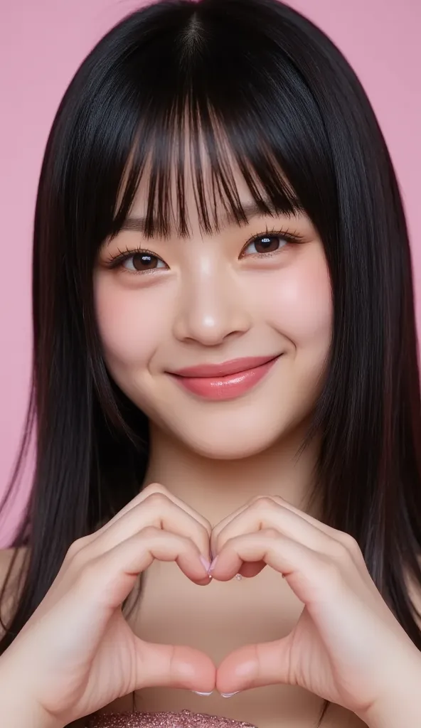 She wears a camisole, makes a heart shape with both hands, and poses in front of her chest, Close-up shot of winking and smiling