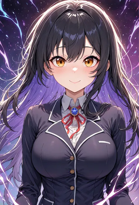  masterpiece, Highest quality,  So Fun, freezes, amazing, upper body, looks into the distance,  Celestial Aura ,  ,  blushes, 　high school girl

black hair, big breasts, smiles, simple background, anime, 