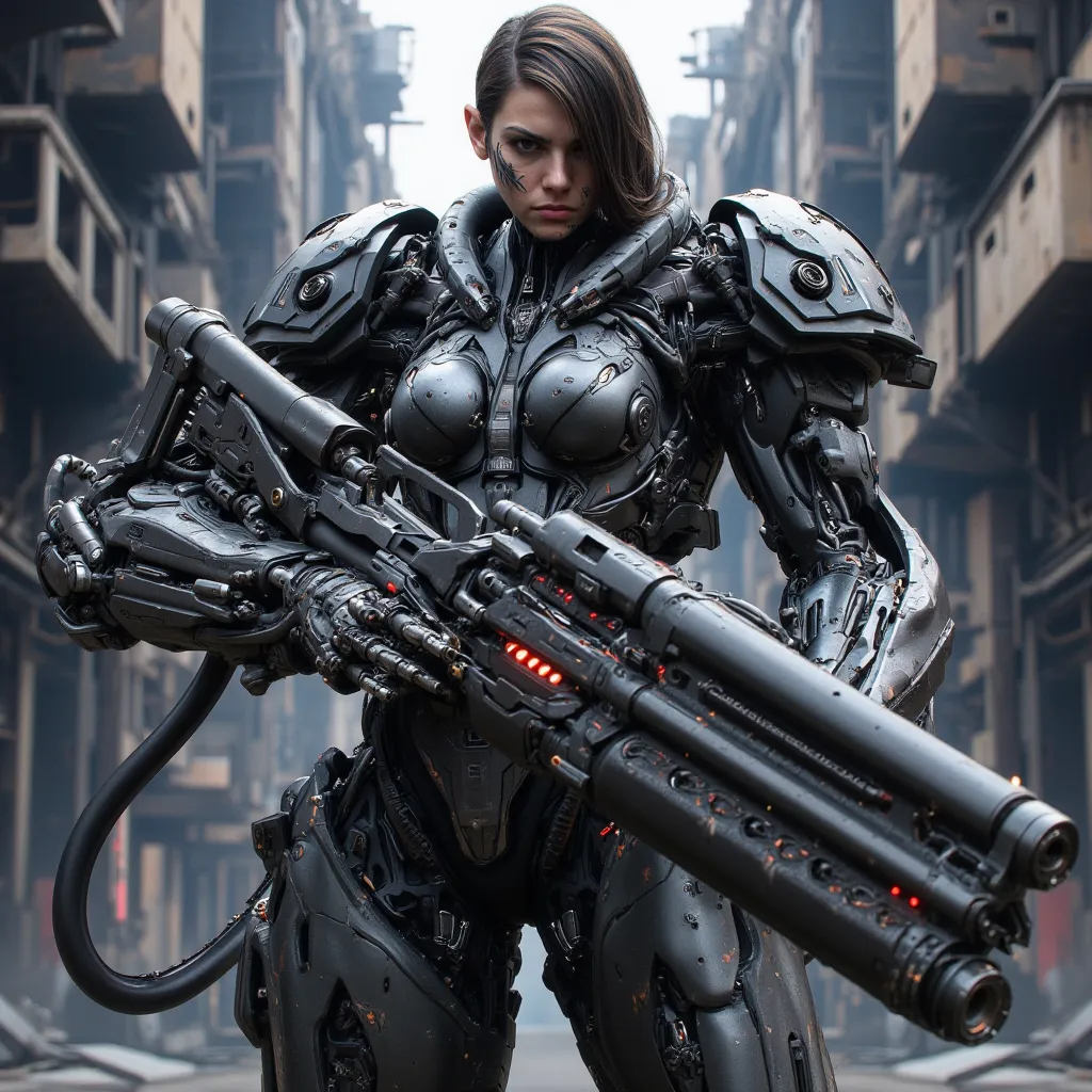 mechanized soldier girl with a machine gun, (well-designed hands)