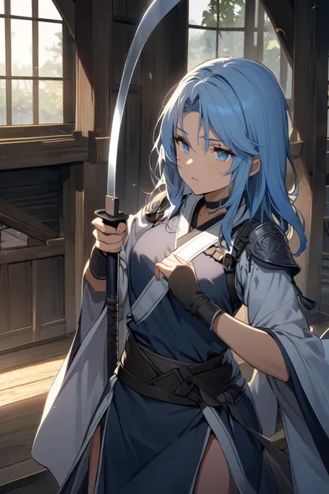 A melancholic warrior girl with medium light blue hair and blue eyes in a clan building. Holding a naginata.