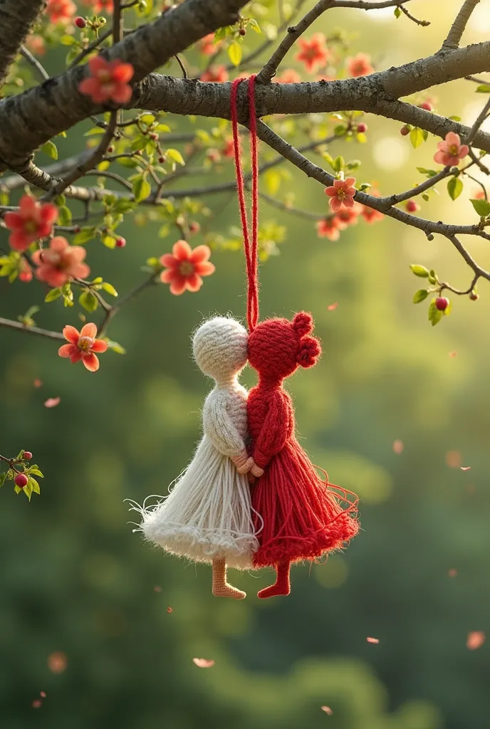 Make an image of a martenitsa with pijo and penda on a beautiful tree. 