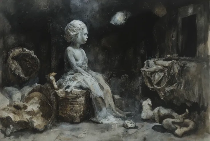 A striking illustration of a victorian era porcelain doll in dark basement. The basement looks empty, dusty and long forgotten. Picture emanates with eerie and grim atmosphere.