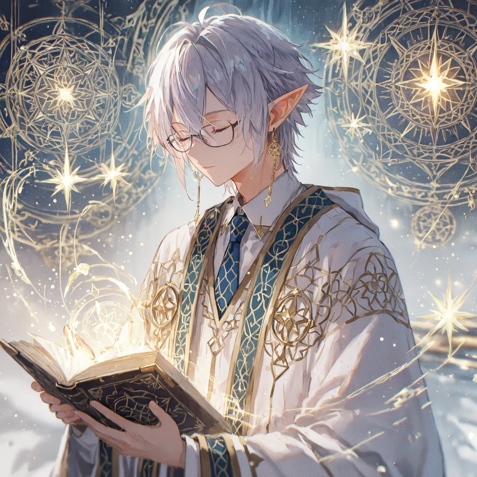 Ultra-detailed and very aesthetic concept art, silvery haired male elf wizard in white robe with embroidered golden Celtic patterns, solo, white shirt, blue tie, glasses, closed eyes, golden earring, He is chanting magic with a thick book. In the backgroun...