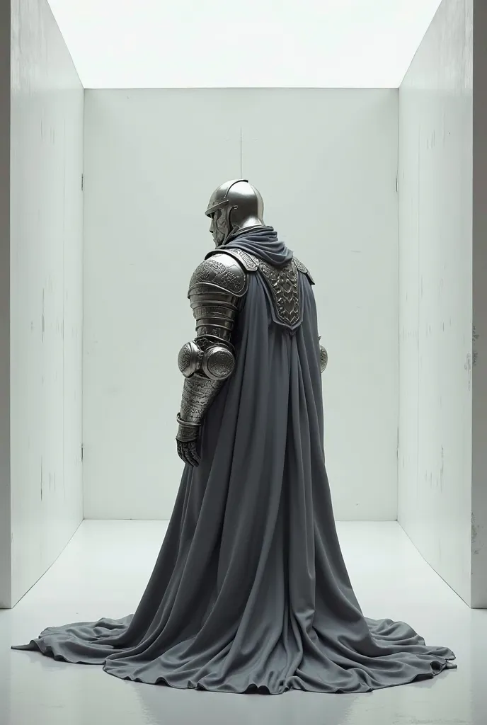 A person wearing plate armor and robes and helmet looking back in a white cube room