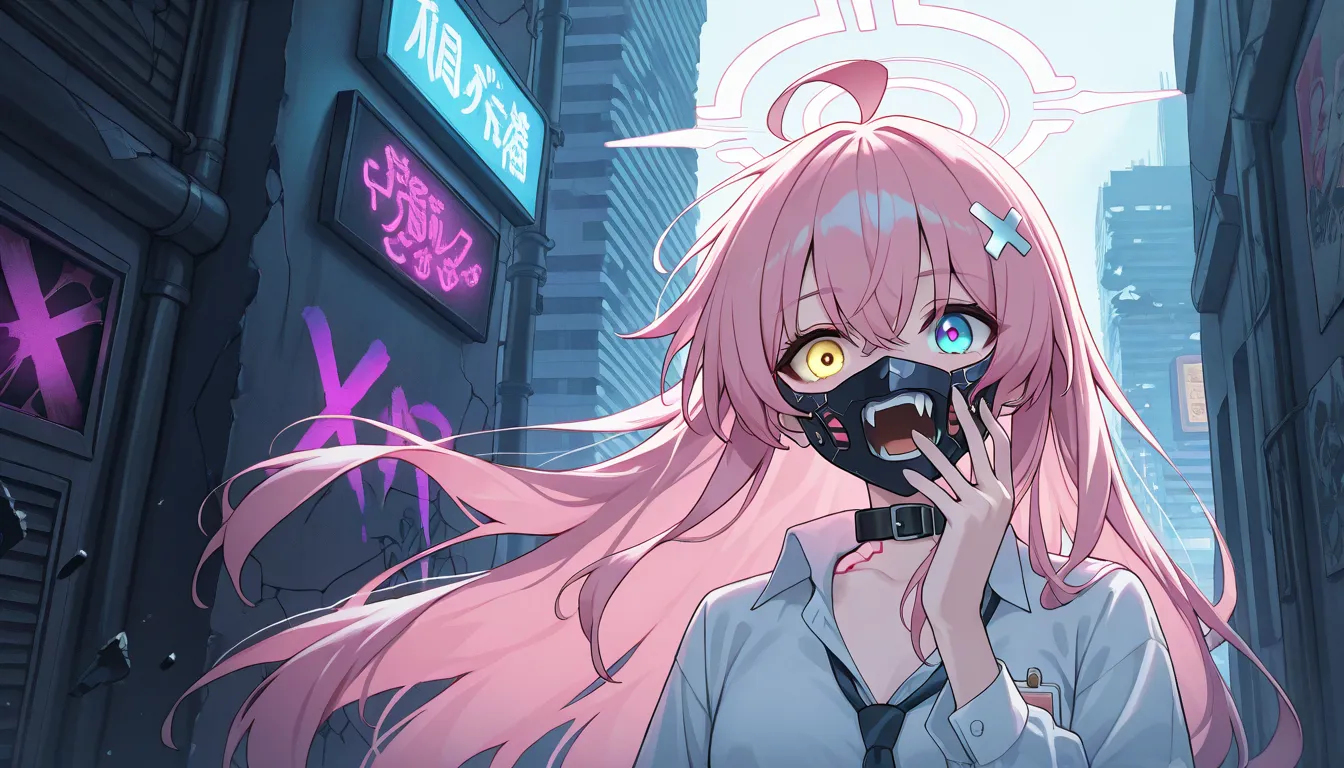 걸작,top quality,very beautiful,very high resolution,1 female,Hoshino_\( _ storage \), pink_ hair ,alone, Dichroism , _shirt,long_ hair , _eye, fangs, _tie,Ahogeo,yellow_eye,collar_shirt, hair _ between _eye, pink_halo,shoulder_Looking for a strap ,heterochr...