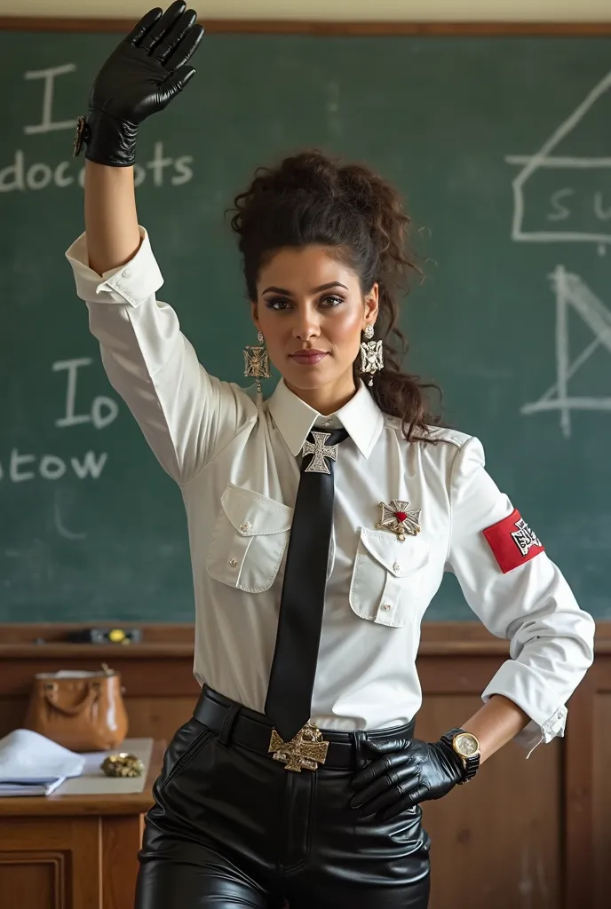 A rich older Nazi diva   , In a white latex shirt with a high collar, with black tie with a diamond swastika, huge hoop earrings with large swastikas, dark long, raised curly hair, Tied in a ponytail  ,   shiny black leggings  ,    mega high over the knee ...