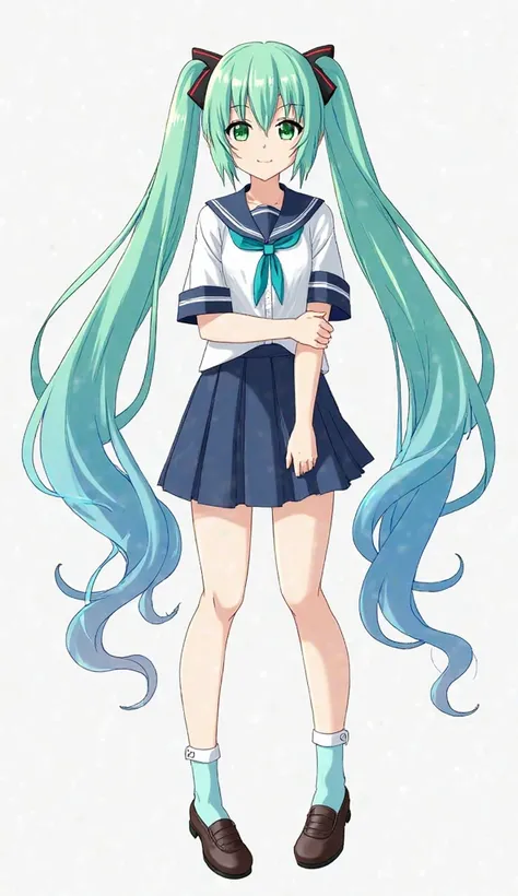 Score_8, score_9, score_10, Ultra high 8k, Masterpiece, quality work, sharp, beautiful quality masterpiece, girl, very long hair, mint green hair, blue ends, wearing a Japanese school uniform, wearing school shoes, light blue short socks, cute, bright, cut...