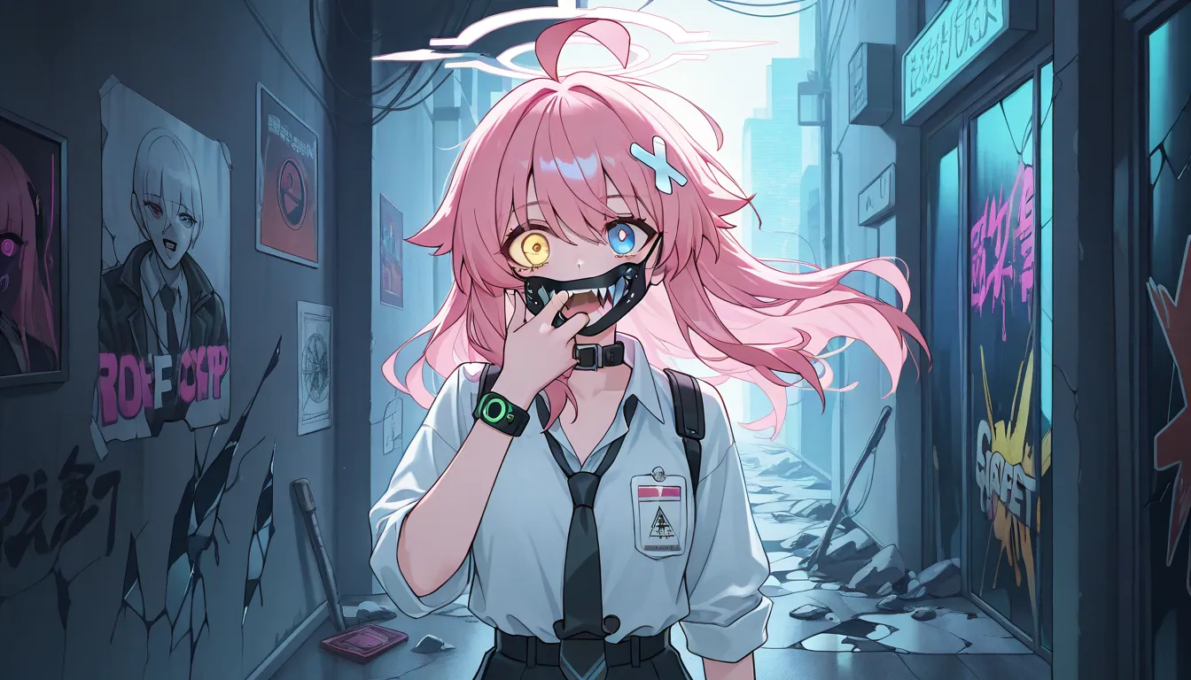 걸작,top quality,very beautiful,very high resolution,1 female,Hoshino_\( _ storage \), pink_ hair ,alone, Dichroism , _shirt,long_ hair , _eye, fangs, _tie,Ahogeo,yellow_eye,collar_shirt, hair _ between _eye, pink_halo,shoulder_Looking for a strap ,heterochr...