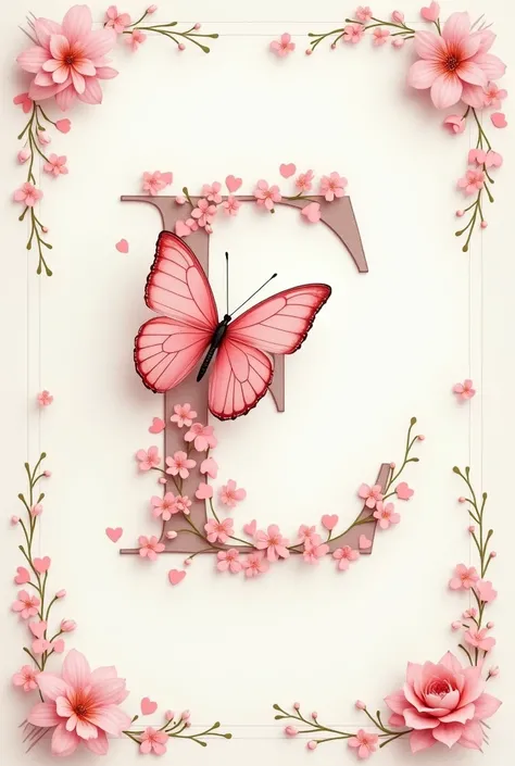 Create an image for a diary with the capital letter E in the color baby pink butterfly leftovers flying on the letter E and the border on the image with traces of flowers