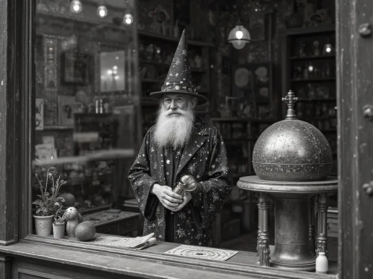  Black and white photo of a shop window with a stargazer standing with a cone hat and a robe covered with stars, he has a spyglass in his hand, horoscope on the counter,  looks forward, next to it is a lunarium 