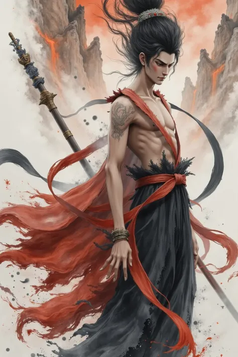 high quality, super realistic,4K,8k,Masterpiece,Extreme Details,Realism,Professional Photography,Chinese martial arts,Chinese Ink Painting, Thunder Power , Handsome Male ,Broken robes,Dynamic action ,Mysterious Smoke,Red hue, with a spear 