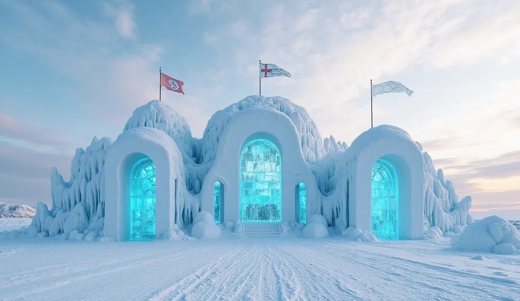 Vibrant and attractive image of an ice hotel with grand arched entrances, entirely built from snow and ice, located in a vast winter landscape. The structure features intricate ice-carved walls with a bluish glow, reflecting the soft daylight. Flags wave g...