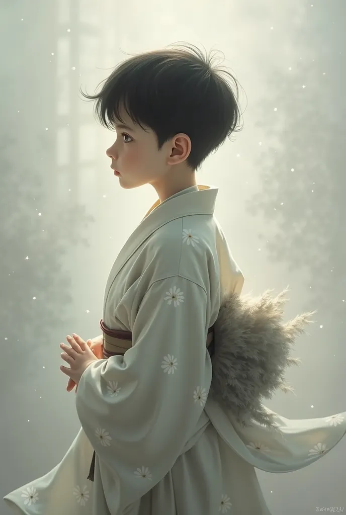 I need you to put a kimono on the boy and also for the image to be soft and black 