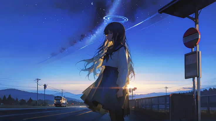 Double exposure, alone, silhouette of a girl, long hair, short-sleeved sailor suit, starry sky overlapping the silhouette, blue sky, thunderclouds, coastal road, bus stop