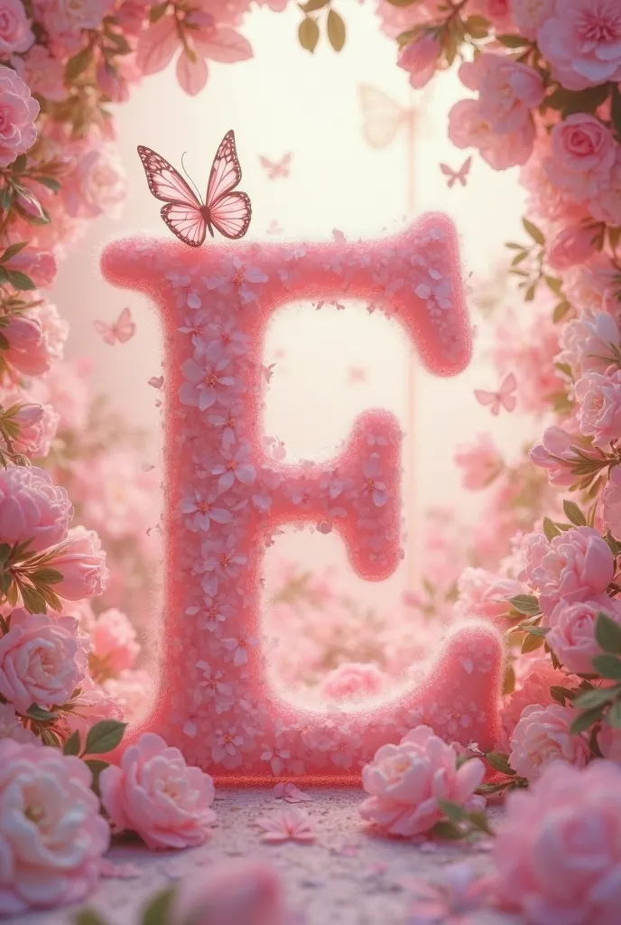 Create an image with a capital letter E in baby pink with butterfly shadows flying on the letter E and the border of the image with flowers