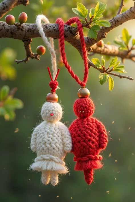 Make an image of a martenitsa with a white male pijo and a red female penda on a beautiful tree.