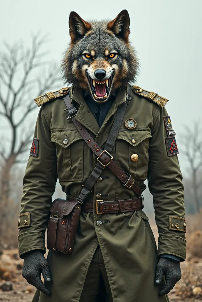 Create a human avatar with an army uniform and a wolf face 
