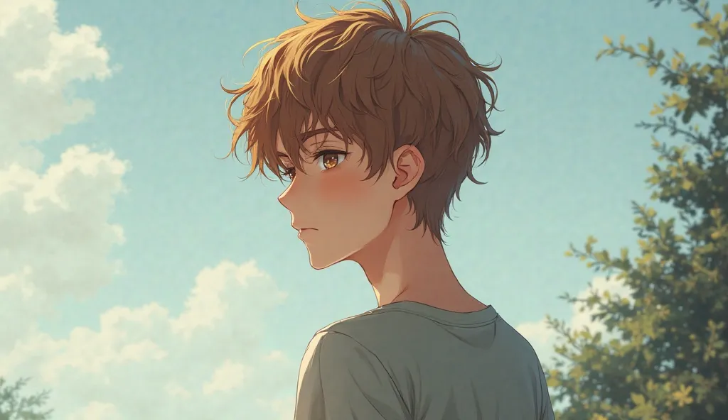 Anime boy with brown hair looks into the distance