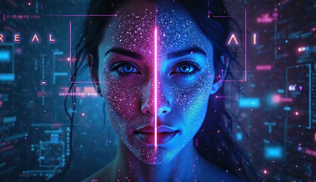 "A futuristic and eye-catching YouTube thumbnail for a video titled 'How to Make an AI Influencer'. The image features a split-screen design: on one side, a real human face, and on the other side, a high-tech AI-generated avatar with a sleek, cyberpunk-ins...