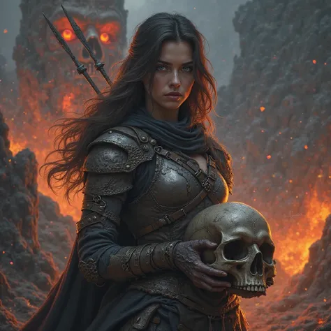 Disappointed warrior woman
Brunette Diablo s blue eyes with a background of hell with skull in her hands 