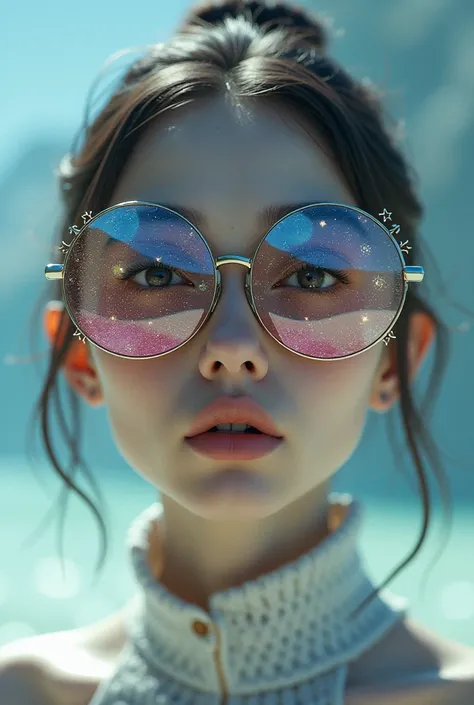 The model is wearing glass sunglasses with stars and the moon on the glass