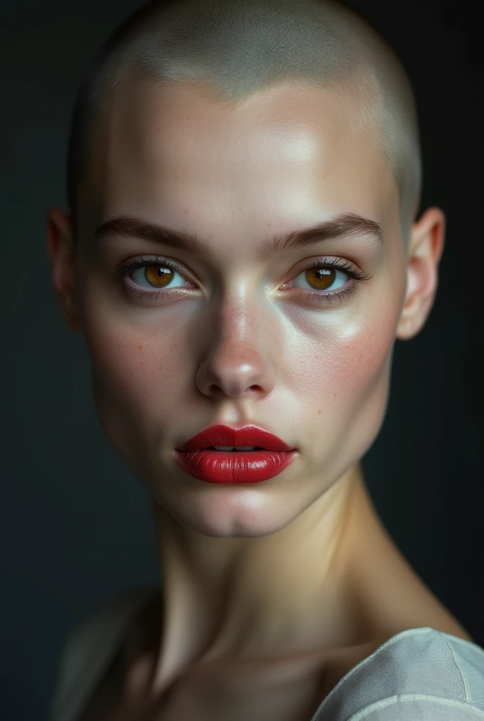 8k, Photograph of a young European woman, ultra-textured skin, she is bald, open forehead, she has brown eyes and plump lips painted with pale red lipstick giving the impression of coldness, good smooth lighting of the face she is looking into the camera, ...