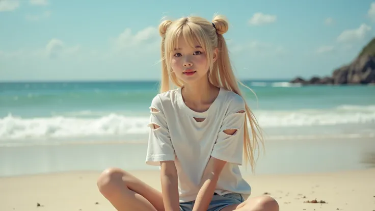 {NO CARTOON] 1x japanese, a japanese 25 year/ old, A blonde girl with long two-tail bunchy hair, wearing a  ripped T-Shirt, small chest with sits with her legs stretched out (knees out ), out in a BEACH, taking a realistic photo