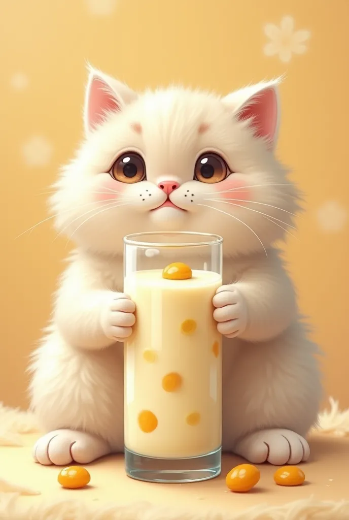 A potrait glass of jagung creamy milk with few corn bites in the milk, a fat cute british short hair cat holding it