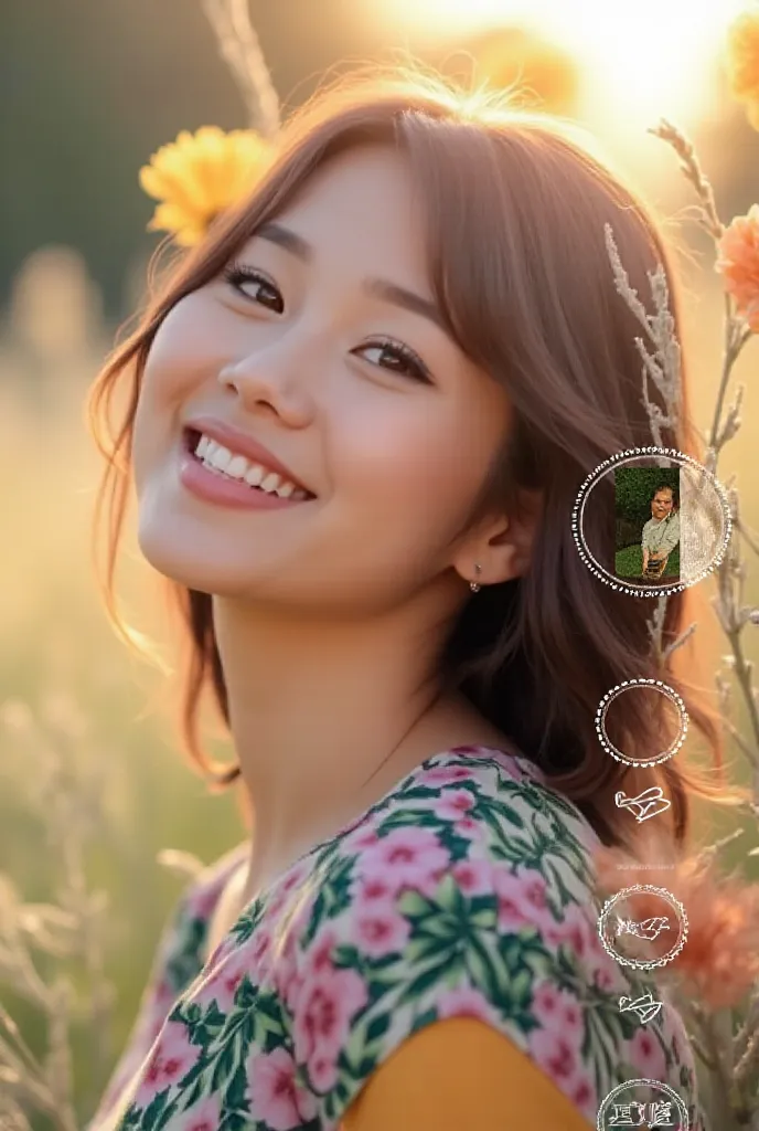 Change the background of the portrait, Improve photo quality, Make a background out of beautiful flowers, make a sunny day