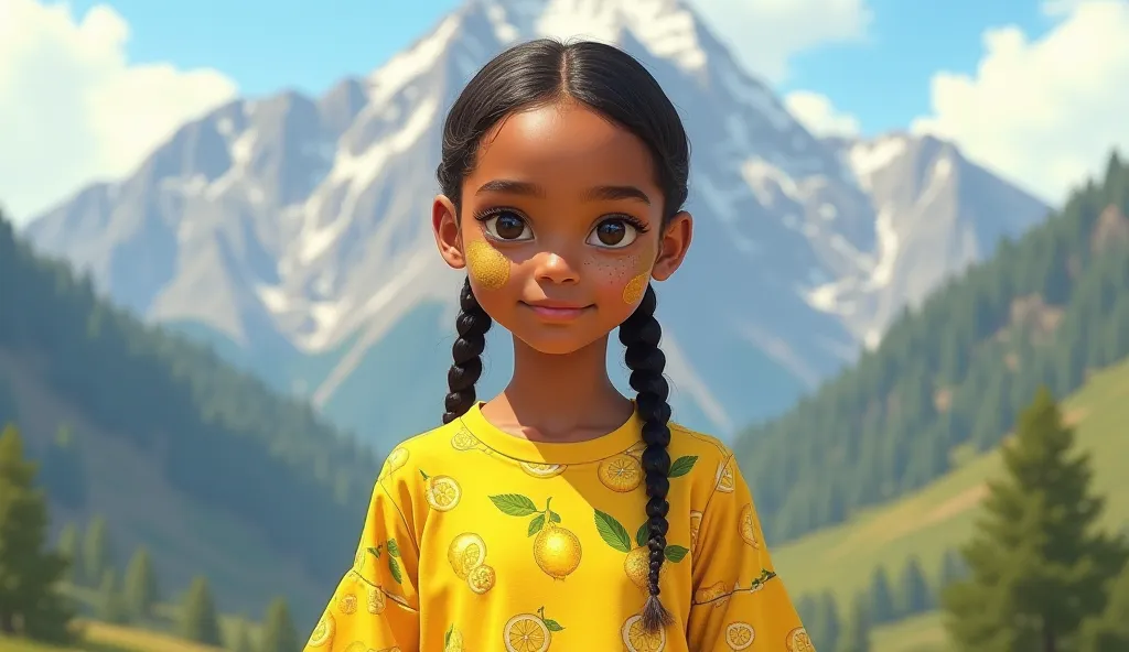 Create a picture of a vitiligo girl wearing a lemon yellow shirt with pattern lemon printed. She has two braids and standing in front of a mountain 