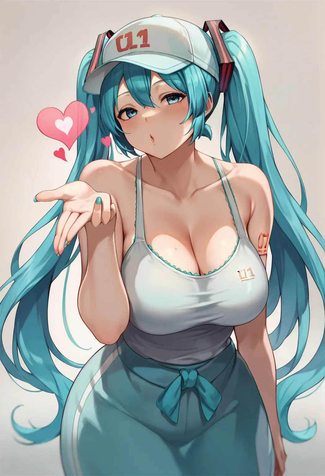       score_9,      score _8_    up the side      ,      score_7_    up the side      ,      score_6_    up the side      ,      source_anime,    Beautiful Mature Woman Solo ,  Hatsune Miku, Blow a kiss, heart,  Hatsune Miku, lean forward, lower back with ...