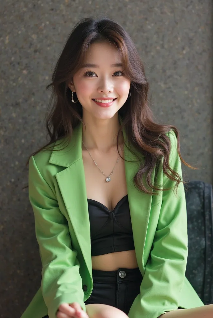 Beautiful Korean girl with young face is on the fan meeting she is sitting on the chair and table and talking to the fan and smiling wearing a bright green double-breasted blazer with black buttons and a notched lapel, a black strapless crop top with a swe...