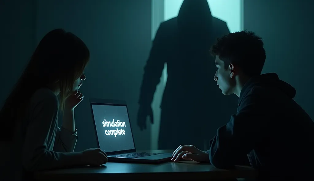 15. From the shadows, a hooded figure watches Emma and Jake. A laptop screen in front of them flashes the words: “Simulation Complete.” The real horror is only beginning. (Stock photo style)