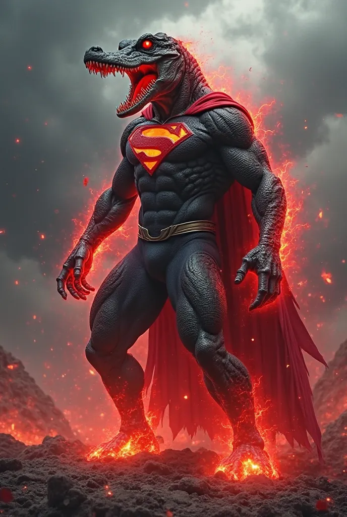 Design a hybrid fusion of Marvel Gatorade and DC Supergirl, seamlessly blending their features into a single monstrous yet powerful entity. The creature retains Supergirl’s humanoid structure, with a muscular, athletic frame but is covered in reptilian sca...