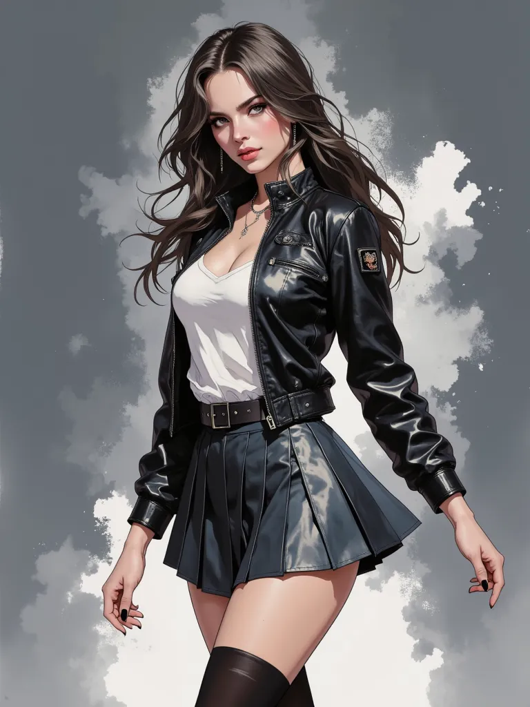 drawing, sexy girl 20 years old, aristocrat, long ash hair, black leather jacket, short pleated skirt, stockings, dynamic pose, watercolor gray background, heavy brush strokes, bright spots, high quality parts