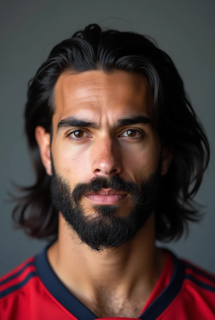 85mm DSLR colour photography of a very detailed portrait headshot fitting all of head and hair in frame. 27 year old, young, male, italian, soccer player, long black hair, stubby black beard. grey background, 200*200px
