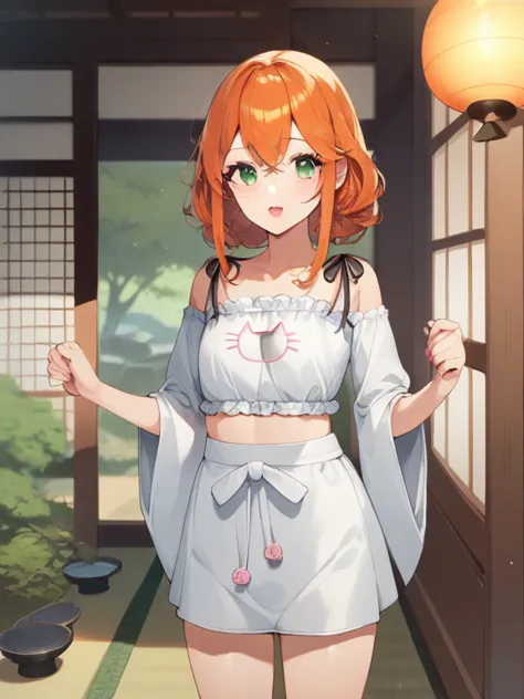   score_9,   score_8_up,   score_7_up,   score_6_up,   score_5_up,   score_4_up, rating_safe,  alone，  Low，(( cute  wishing for happiness， petite girl，length, ginger colored medium wave hair against the background of a Japanese house，long orange ginger col...